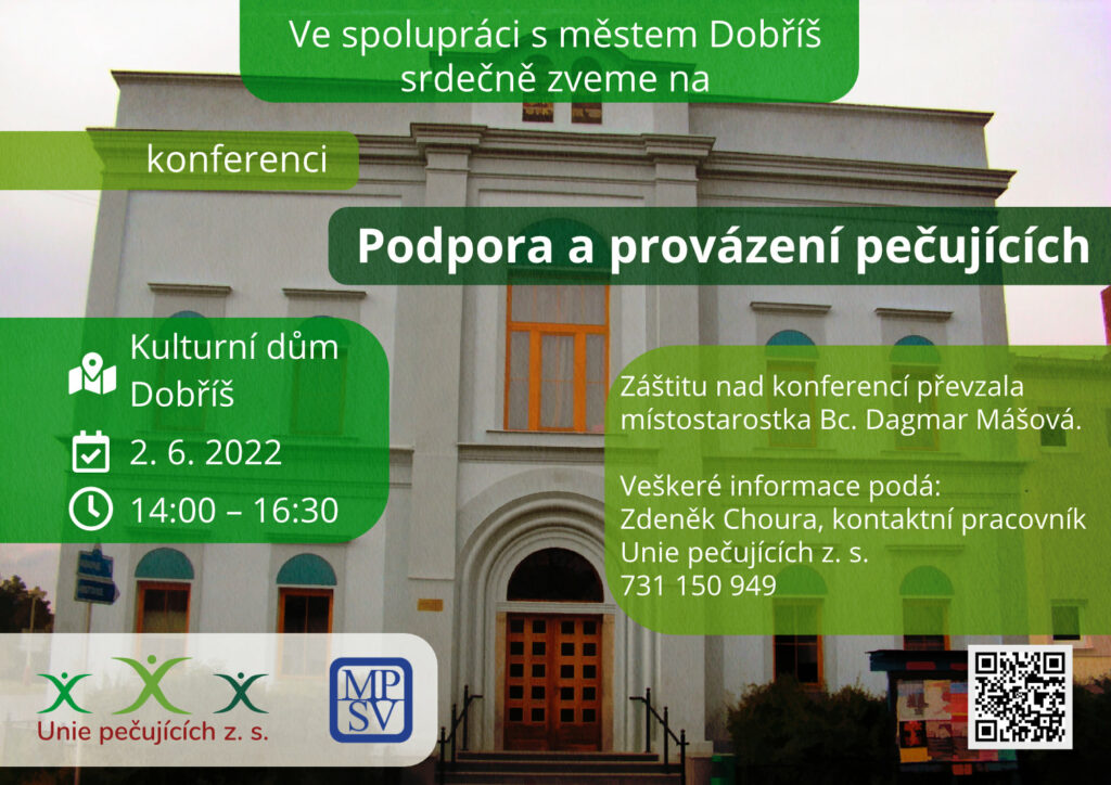Ve spolupráci s městem Dobříš srdečně zveme na konferenci Podpora a provázení pečujících pořádanou 2. 6. od 14:00 do 16:30 v KD Dobříš.